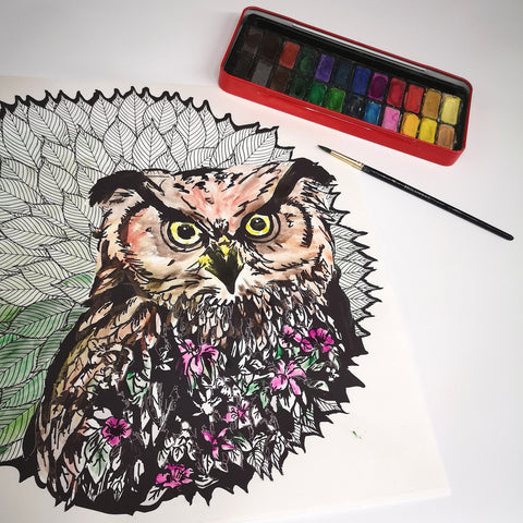 Owl Mindful Colouring Fabric Wall Sticker, Reusable