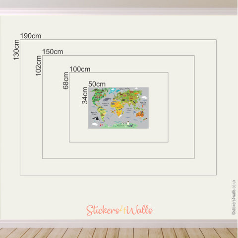 Kid's World Map Fabric Wall Sticker - shades of grey