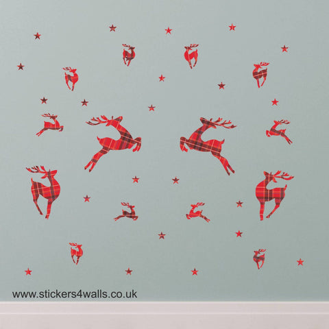 Reusable Fabric Tartan Reindeer Wall Stickers, Reindeer and Star holiday Wall Decals