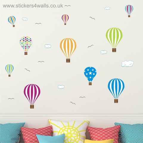 Reusable Fabric Hot Air Balloon Wall Stickers, Set Of 10 Coloured Balloon & Cloud Wall Decals