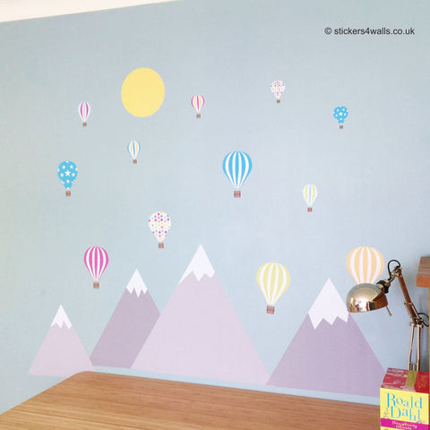 Reusable Mountain And Hot Air Balloon Fabric Wall Stickers, Large Mountain And Balloon Room  Decals,For Nursery, Bedroom, Playroom