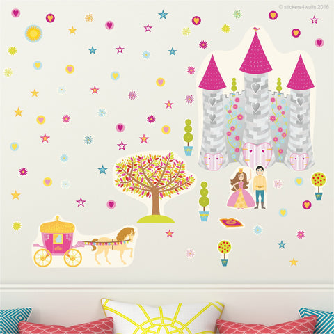 Reusable Fabric Princess Wall Stickers, Interactive Fairy Tale Story Sticker Set,  Prince and Princess Castle And Magical Garden Decals