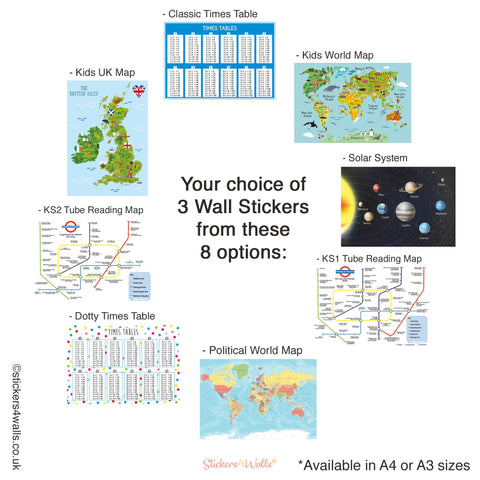 Educational Wall Sticker Packs, A4 Sets Of 3 Reusable Wall Stickers For Home Schooling