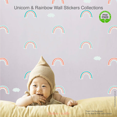 Reusable Fabric Unicorn And Rainbow Wall Stickers, Dreaming & Dancing Unicorns With Colourful Rainbows Nursery Art