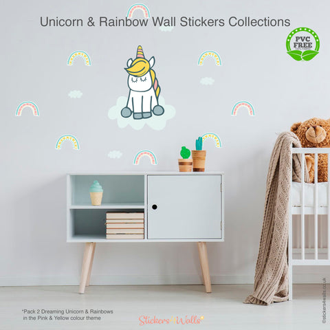 Reusable Fabric Unicorn And Rainbow Wall Stickers, Dreaming & Dancing Unicorns With Colourful Rainbows Nursery Art
