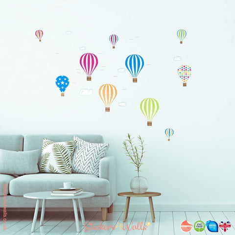 Reusable Fabric Hot Air Balloon Wall Stickers, Set Of 10 Coloured Balloon & Cloud Wall Decals