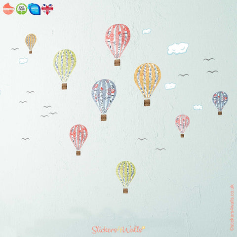 Reusable Hot Air balloon Wall Stickers, Floral Balloon Wall Decals, 10 Air Balloon Stickers For Nursery