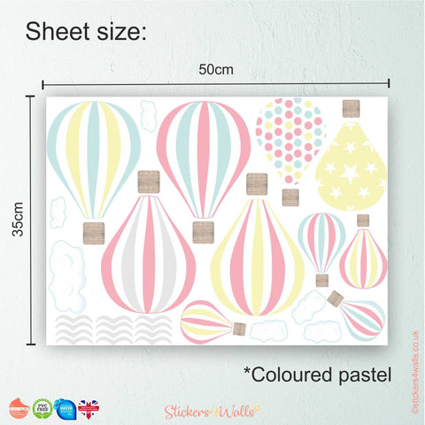Reusable Fabric Hot Air Balloon Wall Stickers, Set Of 10 Coloured Balloon & Cloud Wall Decals