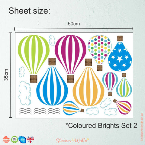 Reusable Fabric Hot Air Balloon Wall Stickers, Set Of 10 Coloured Balloon & Cloud Wall Decals