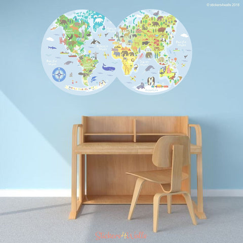 Circles Kid's World Map Fabric Wall Sticker - Reusable