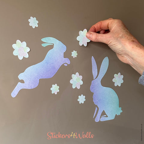 Reusable Fabric Rabbit Wall Stickers, Colourful Sets of Rabbits and Flower Home Decals