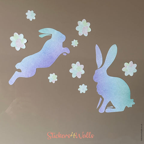 Reusable Fabric Rabbit Wall Stickers, Colourful Sets of Rabbits and Flower Home Decals