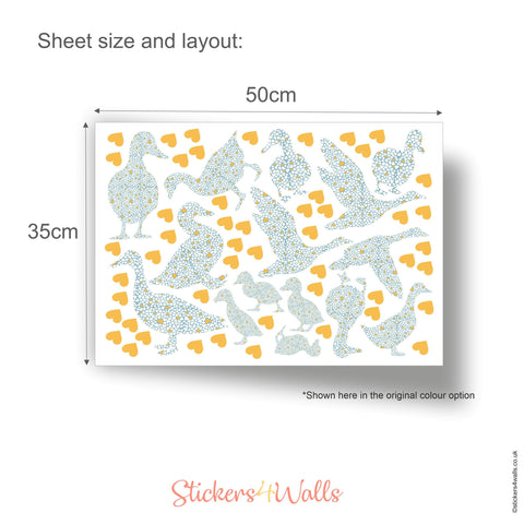 Reusable Fabric Duck Wall Stickers, Set of 15 Ducks and 50 Heart Wall Decals