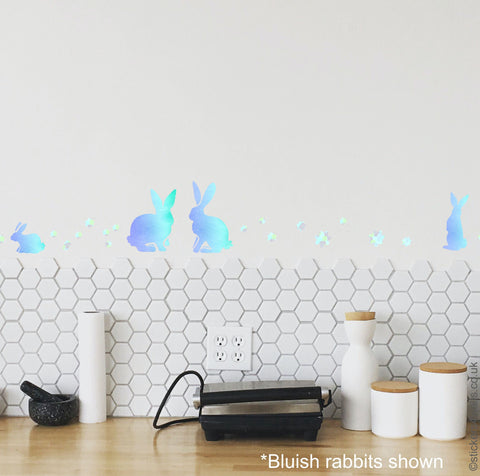 Reusable Fabric Rabbit Wall Stickers, Colourful Sets of Rabbits and Flower Home Decals