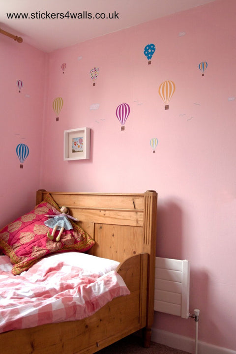 Reusable Fabric Hot Air Balloon Wall Stickers, Set Of 10 Coloured Balloon & Cloud Wall Decals