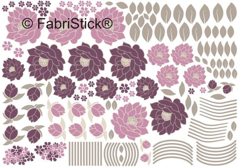 Reusable Retro Purple Flowers Wall Stickers, 60 Piece Fabric Sticker Set