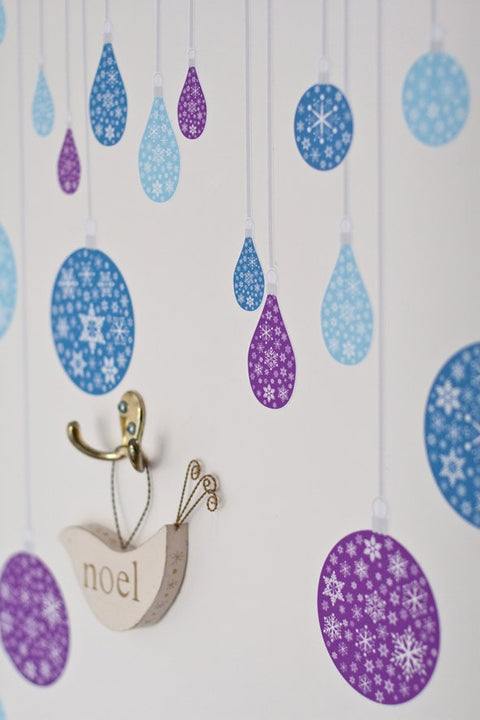 Reusable Christmas Bauble Fabric Wall Stickers, Blue and Purple Bauble holiday Decals