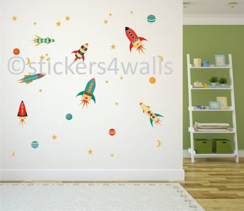 Reusable Rocket And Planet Fabric Wall Stickers, Space Wall Decals