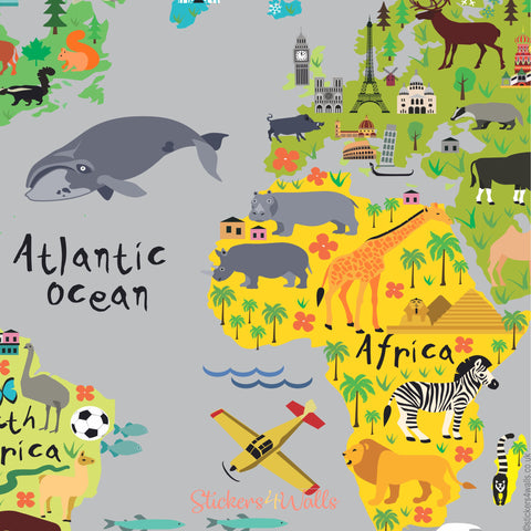 Kid's World Map Fabric Wall Sticker - shades of grey