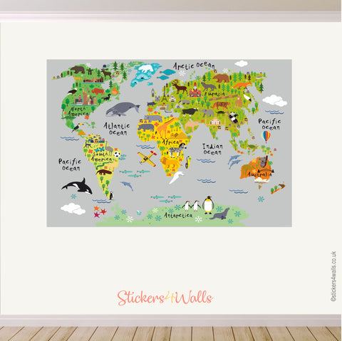 Kid's World Map Fabric Wall Sticker - shades of grey