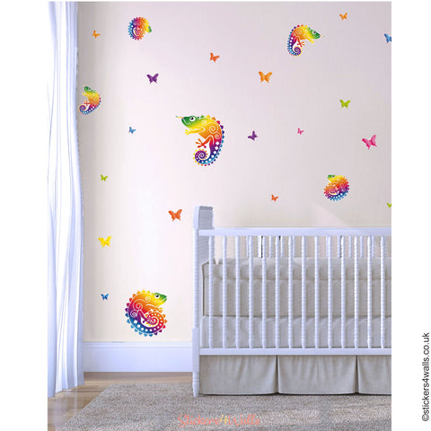 Rainbow Chameleons And Butterflies Fabric Wall Stickers - Reusable