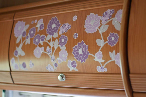 Reusable Retro Purple Flowers Wall Stickers, 60 Piece Fabric Sticker Set