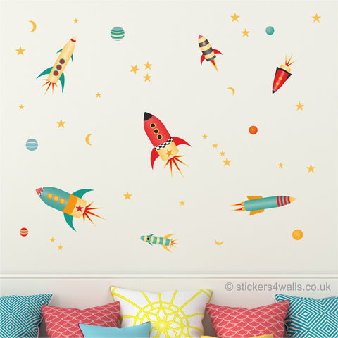 Reusable Rocket And Planet Fabric Wall Stickers, Space Wall Decals