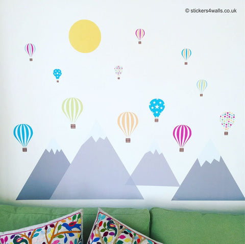 Reusable Mountain And Hot Air Balloon Fabric Wall Stickers, Large Mountain And Balloon Room  Decals,For Nursery, Bedroom, Playroom