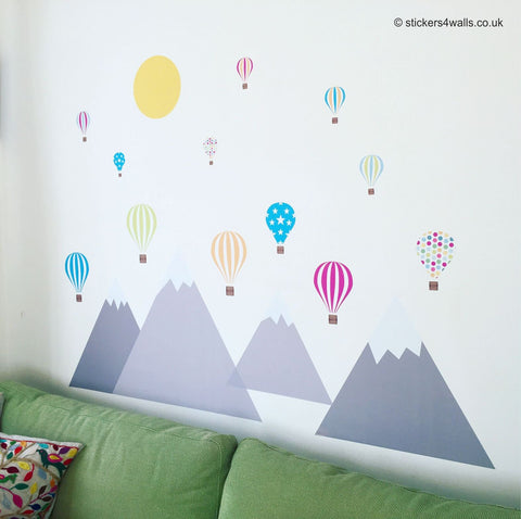 Reusable Mountain And Hot Air Balloon Fabric Wall Stickers, Large Mountain And Balloon Room  Decals,For Nursery, Bedroom, Playroom