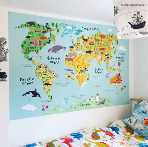 Reusable Fabric World Map Wall Sticker for Kids, Map of the World Kids Wall Art, World Map Wall Decal for Kids