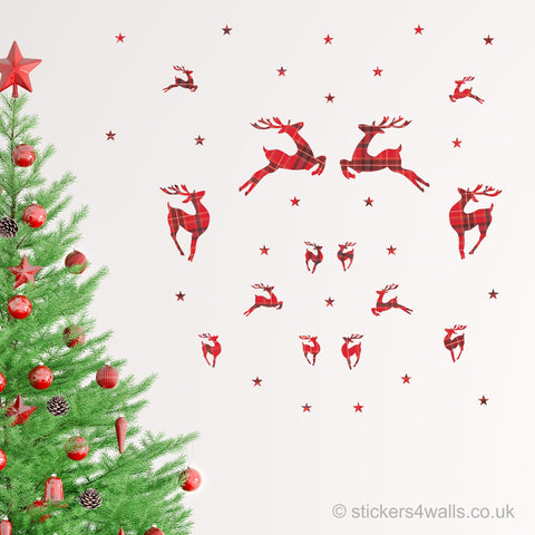 Reusable Fabric Tartan Reindeer Wall Stickers, Reindeer and Star holiday Wall Decals