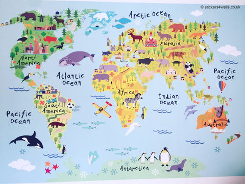 Reusable Fabric World Map Wall Sticker for Kids, Map of the World Kids Wall Art, World Map Wall Decal for Kids