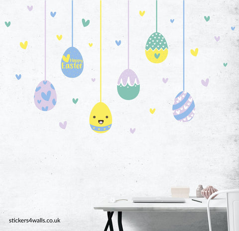 Reusable Easter Eggs With Hearts Wall Stickers, Purple, Yellow & Green