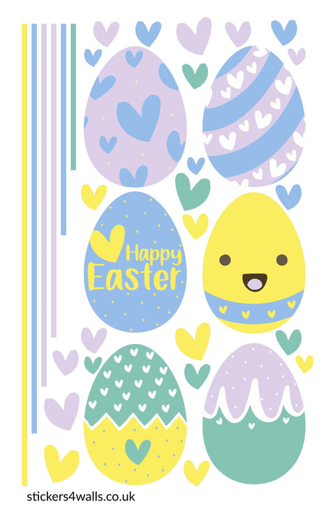 Reusable Easter Eggs With Hearts Wall Stickers, Purple, Yellow & Green