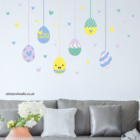 Reusable Easter Eggs With Hearts Wall Stickers, Purple, Yellow & Green