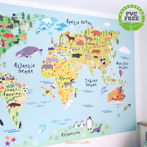 Reusable Fabric World Map Wall Sticker for Kids, Map of the World Kids Wall Art, World Map Wall Decal for Kids