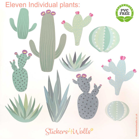 Reusable Succulent and Cactus Wall Stickers, Fabric Plant & Pots Decals, Home Décor Interior Design Wall Graphics