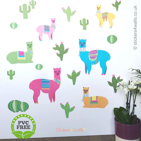 Reusable Fabric Alpaca Wall Stickers, Alpaca and Cactus Boho Wall Art