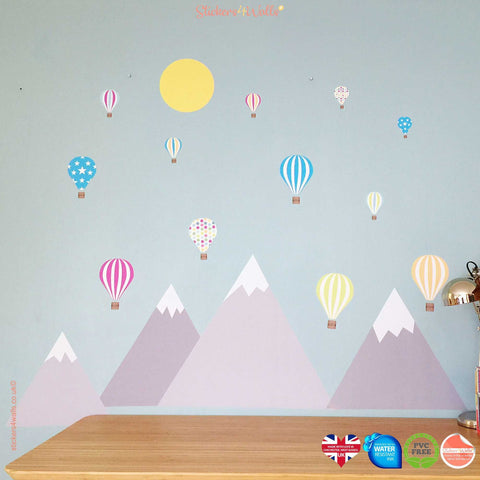 Reusable Mountain And Hot Air Balloon Fabric Wall Stickers, Large Mountain And Balloon Room  Decals,For Nursery, Bedroom, Playroom