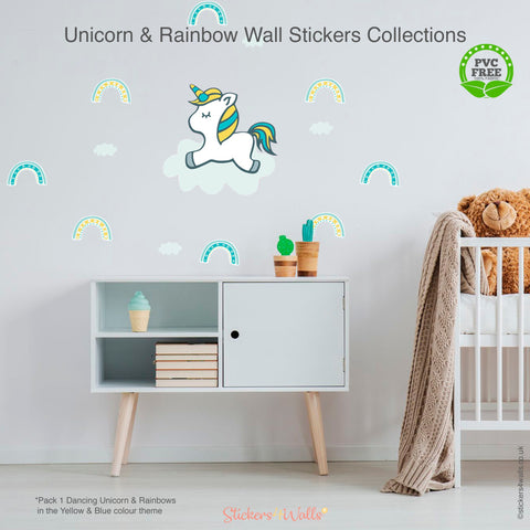 Reusable Fabric Unicorn And Rainbow Wall Stickers, Dreaming & Dancing Unicorns With Colourful Rainbows Nursery Art
