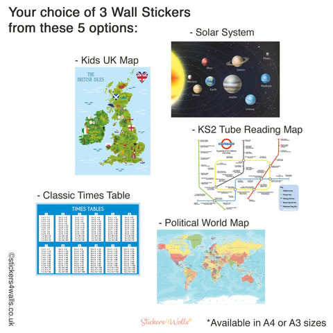 Educational Wall Sticker Pack For Keystage 2 Pupils, Sets Of 3 Reusable Wall Stickers For Home Schooling