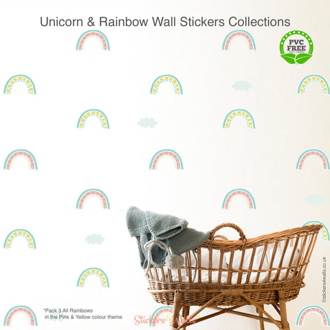 Reusable Fabric Unicorn And Rainbow Wall Stickers, Dreaming & Dancing Unicorns With Colourful Rainbows Nursery Art