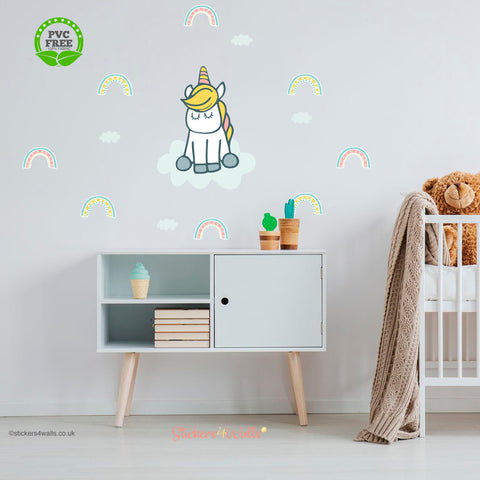 Reusable Fabric Unicorn And Rainbow Wall Stickers, Dreaming & Dancing Unicorns With Colourful Rainbows Nursery Art