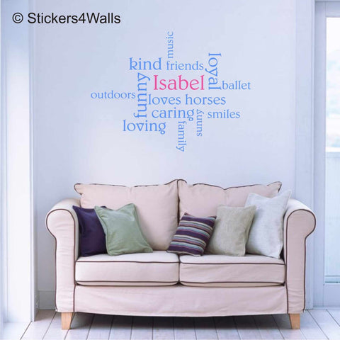 Personalised Name Word Cloud Wall Sticker, 50cm x 40xcm Custom Vinyl Wall Art For The Home