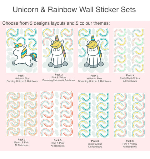 Reusable Fabric Unicorn And Rainbow Wall Stickers, Dreaming & Dancing Unicorns With Colourful Rainbows Nursery Art