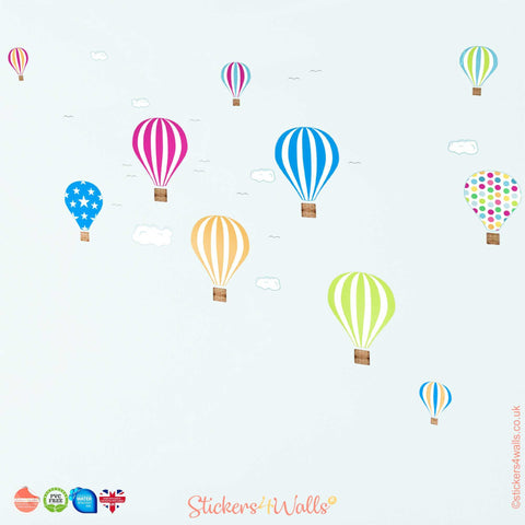Reusable Fabric Hot Air Balloon Wall Stickers, Set Of 10 Coloured Balloon & Cloud Wall Decals