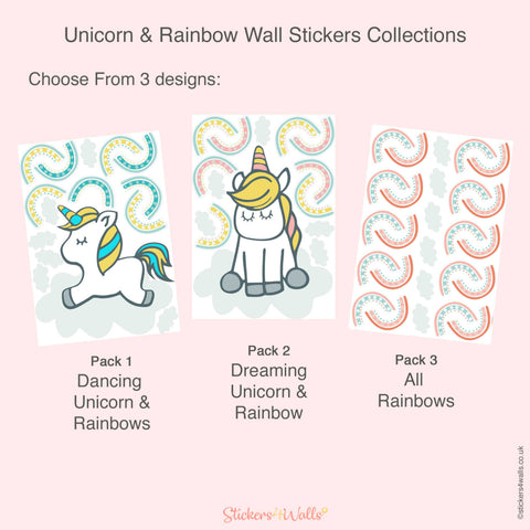 Reusable Fabric Unicorn And Rainbow Wall Stickers, Dreaming & Dancing Unicorns With Colourful Rainbows Nursery Art