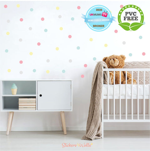 Reusable Polka Dot Wall Stickers, Pastel, Rainbow, Blue Polka Dot Wall Graphics Winner of MumsTV award