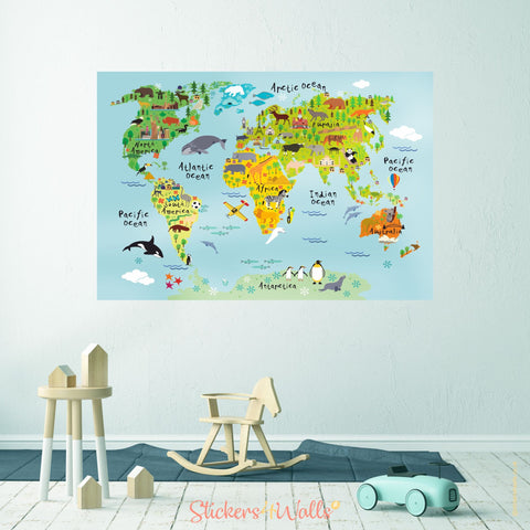 Reusable Fabric World Map Wall Sticker for Kids, Map of the World Kids Wall Art, World Map Wall Decal for Kids
