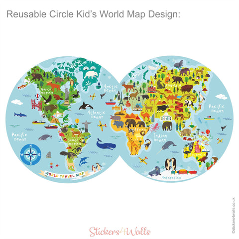 Circles Kid's World Map Fabric Wall Sticker - Reusable
